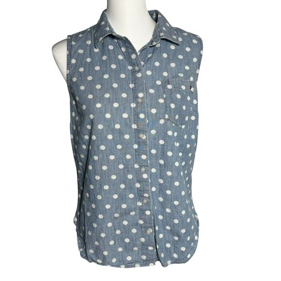 TOMMY HILFIGER Womens Small Blue Jean Denim White Polka Dot Button Up Vest Shirt - Picture 2 of 8